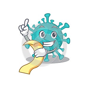 Cartoon character of corona zygote virus holding menu ready to serve photo