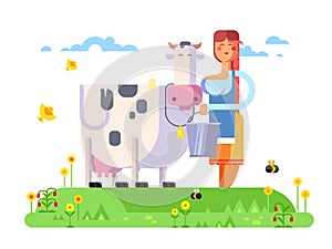 Cartoon character cow and milkmaid