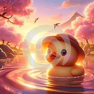 A cartoon character of cute and adorable duckling swimming in a river, with the spring cherry blossoms and sunset, t-shirt prints