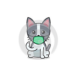 Cartoon character cute cat wearing protective face mask