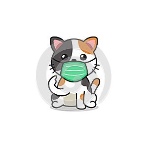 Cartoon character cute cat wearing protective face mask