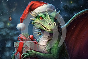 Cartoon character cute green dragon in red Santa Claus hat with gifts in boxes in winter. Greeting card for new year