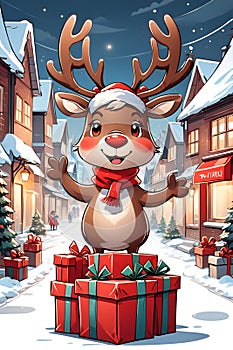 A cartoon character of a cute reindeer wearing red scraft delivering christmas presents in a town, printable, anime, animal