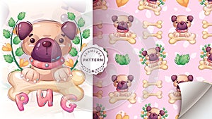 Cartoon character cute seamless pattern pug