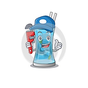 Cartoon character design of blue hawai cocktail as a Plumber with tool