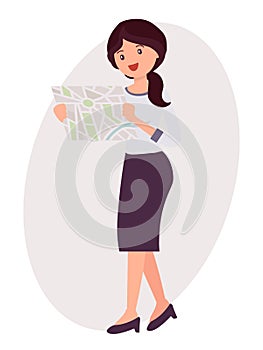 Cartoon character design female look map to find the way