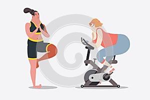 Cartoon character design illustration. Two women workout