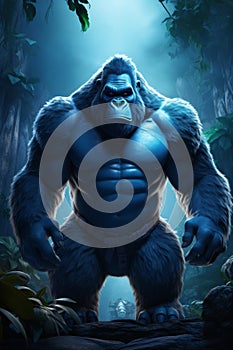A cartoon character design of a strong blue gorilla with a muscular body. vertical orientation