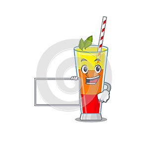 Cartoon character design of tequila sunrise cocktail holding a board