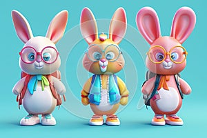 Cartoon character design of three cute bunnies with colorful glasses. Ai generated
