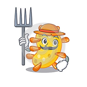 Cartoon character design of vibrio as a Farmer with hat and pitchfork