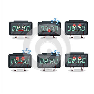 Cartoon character of digital alarm clock with sleepy expression