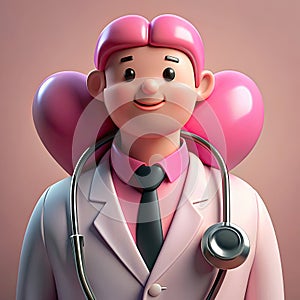 Cartoon character of doctor with stethoscope and heart-shaped balloon