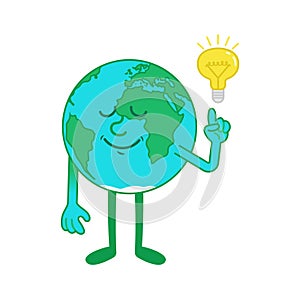 Cartoon character of Earth with idea