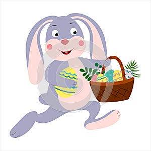 Cartoon character Easter Bunny Rabbit with a basket full of colored Easter eggs. Vector isolated on a white background