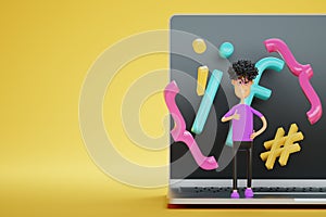 A cartoon character with elements of programming code is standing on a laptop. Programming school, online distance learning on the