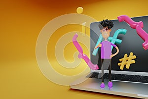 A cartoon character with elements of programming code is standing on a laptop. Programming school, online distance learning on the