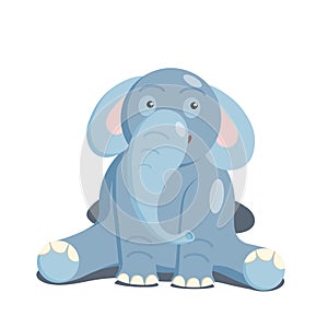 Cartoon character elephant minimalist gray blue sitting. Isolated vector illustration on a white background.