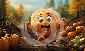 A cartoon character energetically running through a pumpkin patch