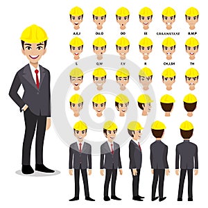 Cartoon character with Engineer in suit for animation. Front, side, back, 3-4 view character. Flat vector