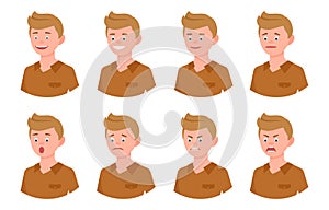 Cartoon character face blonde office man side view vector set. Happy, smiling, upset, surprised, sad, angry, shouting person