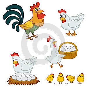 cartoon character farm animals chicken rooster chick eggs hatching pattern set isolate