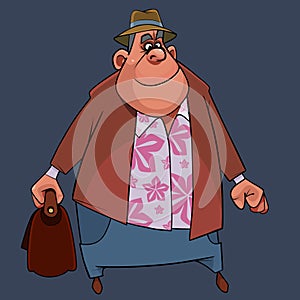 Cartoon character fat man with hat and briefcase in hand