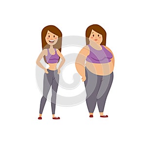 Cartoon character of fat woman and thin girl, people dieting fitness.