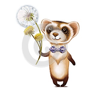 Cartoon character ferret with a bouquet of dandelions