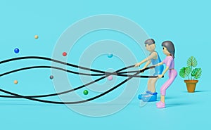 Cartoon character fitness people with battle ropes exercise in gym on blue background ,exercise for health Concept ,3d