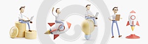 Cartoon character flies on a rocket into space. set of 3d illustrations. concept of creativity ind startup.
