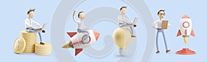 Cartoon character flies on a rocket into space. set of 3d illustrations. concept of creativity ind startup.