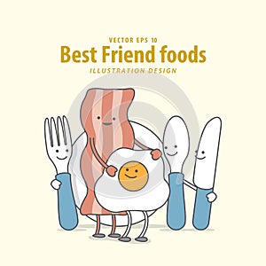 Cartoon character of Fork, Plate, Spoon, Knife, Bacon, Fried egg