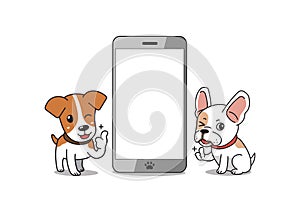 Cartoon character french bulldog and jack russell terrier dog with smartphone