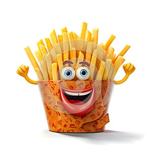 Cartoon character of french fries with smiley face on white background