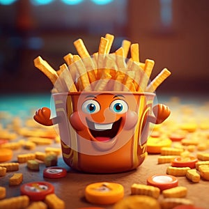 Cartoon character fries 3d illustration. French fries toy.