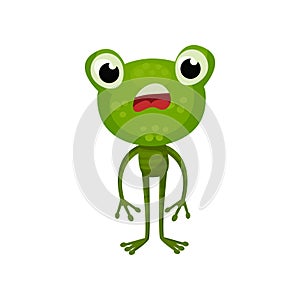 Cartoon character of frog with shocked face expression. Green amphibian animal with big head. Flat vector design for