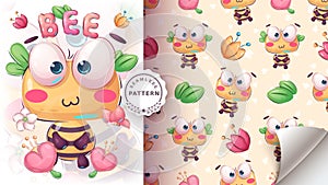 Cartoon character funny animal bee - seamless pattern