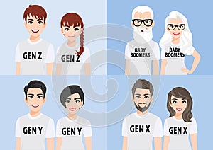 Cartoon character with generations concept. Baby boomers, generation x, generation y or millennial vector