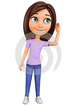 Cartoon character girl overhears the news on a white background. 3d rendering. Illustration for advertising