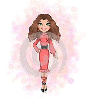 Cartoon character of a girl in a pink stylish dress. Girl with curly hair and big green eyes