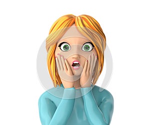 Cartoon character girl with a surprised face and open mouth close-up on a white background. Isolate of a red - haired woman. 3D