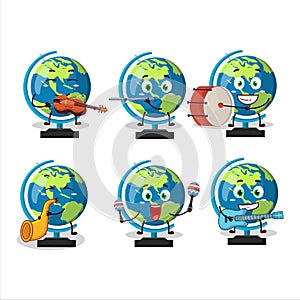 Cartoon character of globe ball playing some musical instruments