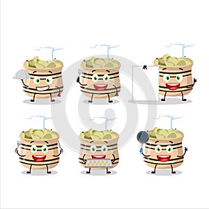 Cartoon character of green cardamon with various chef emoticons