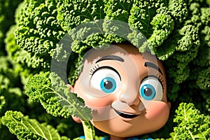 A cartoon character with a green hair bun on its head, holding a bunch of broccoli in its hand.