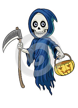 Cartoon character of grim reaper hold the halloween pumpkin