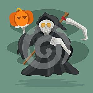 Cartoon character of grim reaper with pumpkin. Vector illustration, happy halloween