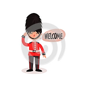 Cartoon character of guardsman in uniform and hat. National British guard. Friendly royal soldier saying Welcome . Flat