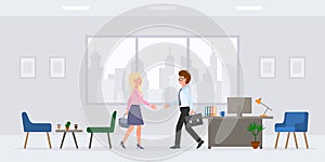 Cartoon character guy, lady hands shaking in office workplace vector illustration set. Man, woman business partners meeting client