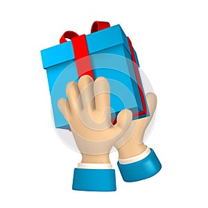 Cartoon character hand with gift box. 3d render hand of businessman in suit. Vector illustration